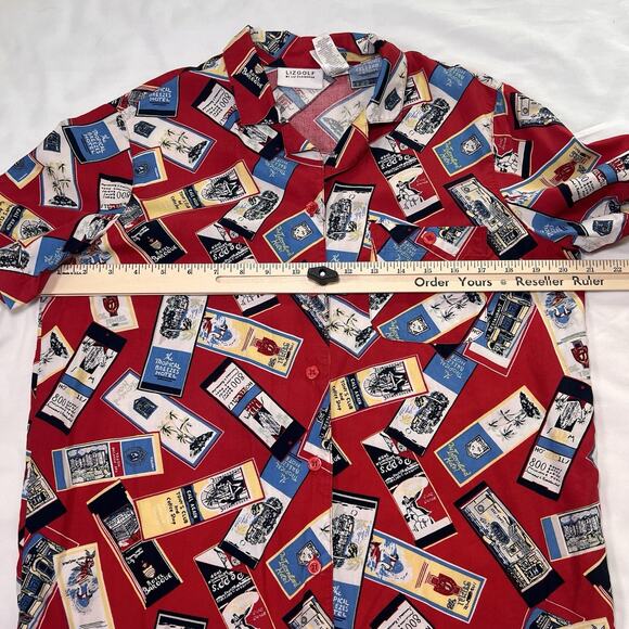 Liz Golf Shirt Women's Size M Red Travel Print Button Short Sleeve Vintage 90s - Picture 6 of 13